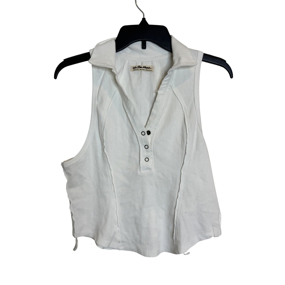 We The Free Tank Top Womens XL White Collared Snap Button Ribbed Sleeveless Crop